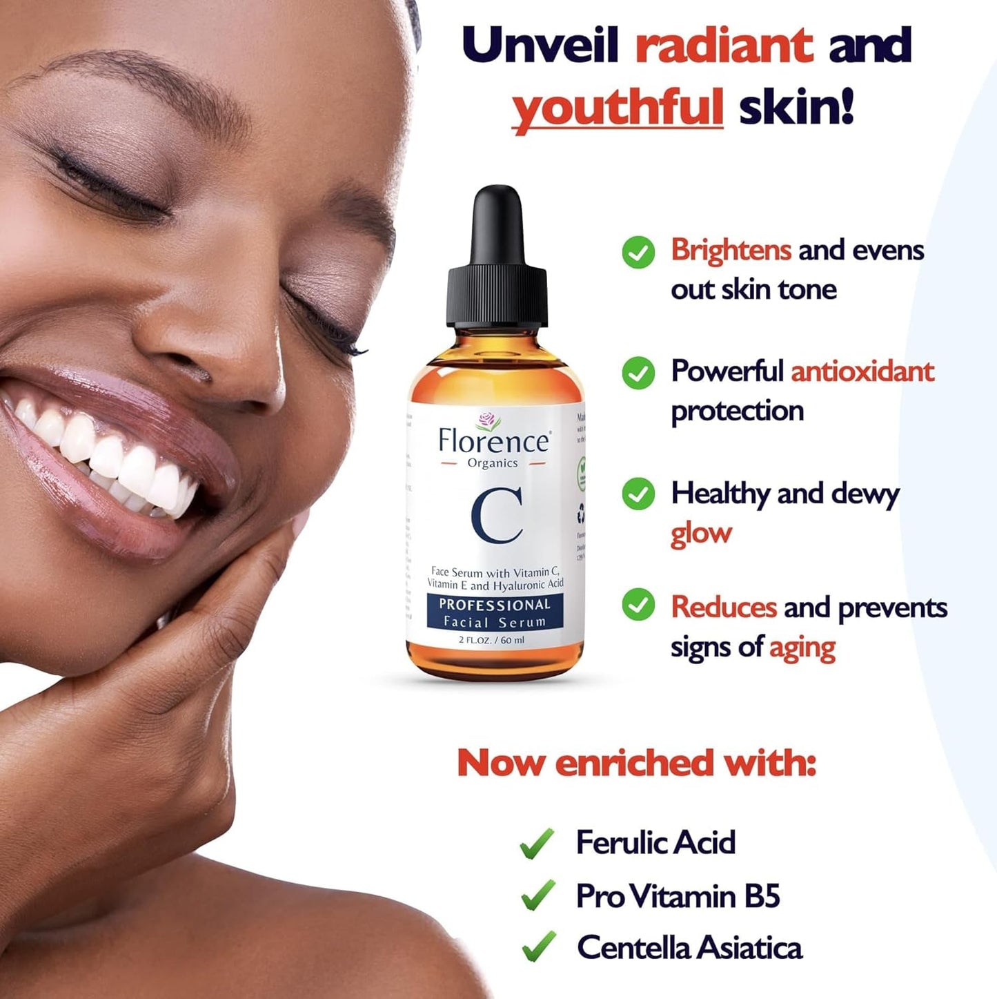 Vitamin C Serum for Face β Anti-Aging Facial Serum with Vitamin C, Hyaluronic Acid, Niacinamide, B5 & Vit E. Brightening Facial Essence for Dark Spots, Fine Lines, Wrinkles & Glowing Skin, 2 Fl Oz